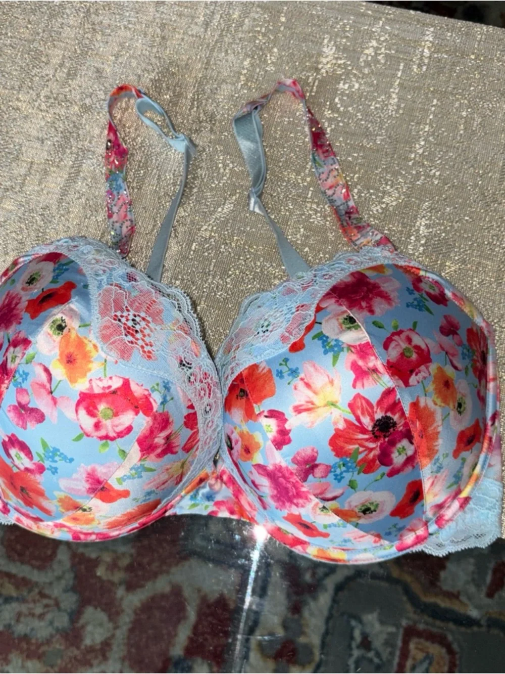 Victoria's Secret BOMBSHELL Light Blue Floral Lace Push-Up Bra